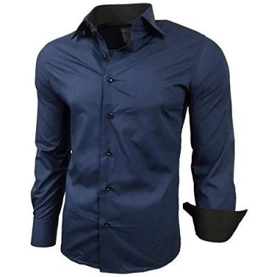 Abbildung von Baxboy Herren Hemd Slim Fit Bügelleicht für Anzug, Business, Hochzeit, Freizeit Langarm Hemden Männer Langarmhemd R 44, Farbe:Marine, Größe:5XL