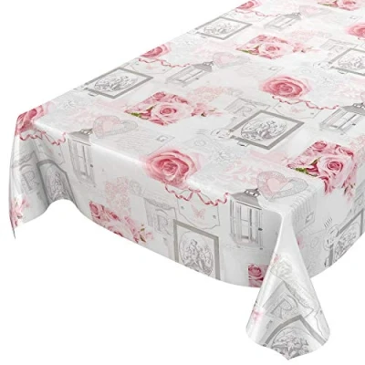 Abbildung von Tischdecke Wachstuchtischdecke Wachstuch Wachstischdecke pflegeleicht abwaschbar Rosen Landhaus Antik Grau 160 x 140cm, Schnittkante