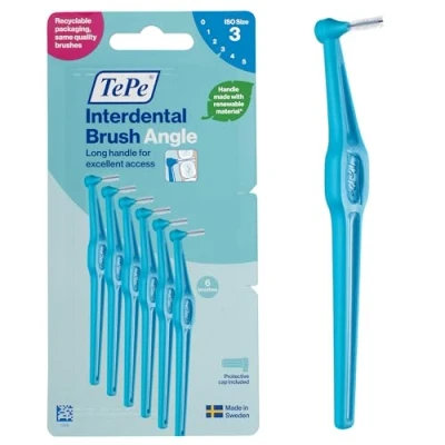 Abbildung von TePe Angle Interdentalbürste, Blau, 0,6 mm/ISO 3, 6 Stk., Zahnwischenraumreinigung, Plaque Entferner für mittelgroße Zahnlücken