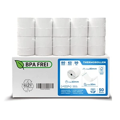 Abbildung von 50 Stk. BPA freie Thermorollen 80mm x 63mm 12mm m Thermopapier Bonrollen (80 63 12) zertifiziert für Kassen Drucker wie Epson, IBM, Metapace uvm.