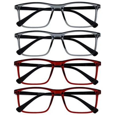 Abbildung von OPULIZE Ink Lessebrille 4er Pack Groß Rechteckig Rahmen Federscharniere Kratzfest Grau Rot Herren Damen RRRR4 77ZZ +1.50
