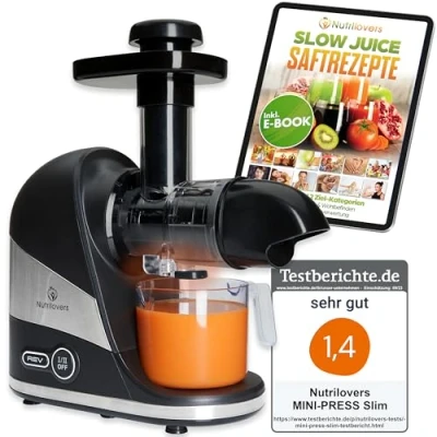 Abbildung von Nutrilovers Slow Juicer Entsafter Obst und Gemüse Deutsche Marke Kompaktes Design Edelstahl, 100% BPA frei, Leichte Reinigung Inkl. Rezepte Ebook + Nutri App