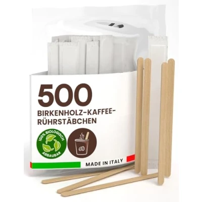 Abbildung von 500 Einweg Kaffeepaletten aus Birkenholz, einzeln verpackt, biologisch abbaubar und kompostierbar, hitzebeständig zum Mischen von Kaffee Getränken Made in Italy