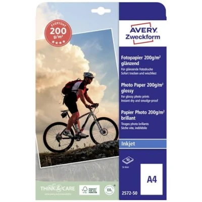 Abbildung von Avery Zweckform Art. 2572 50 Everyday Inkjet Fotopapier (50 Blatt, 200 g/m², DIN A4, glänzende Fotokarten, einseitig beschichtet, sofort trocken &amp; wischfest, Fotoblätter für Drucker) weiß
