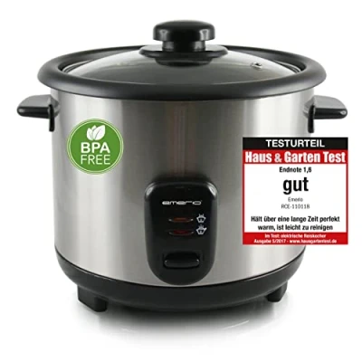 Abbildung von EMERIO Reiskocher ECO Automatik BPA frei bis zu 1.5L Volumen Warmhaltefunktion Auto Off Antihaftbeschichtung Glasdeckel inkl. Reislöffel + Messbecher Schongarer 500 Watt