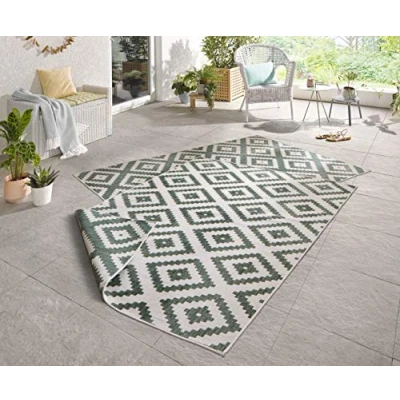 Abbildung von NORTHRUGS Outdoor Teppich Malta Wendeteppich Wetterfest Modernes Geometrisches Muster Läufer für Balkon Terrasse Garten Wintergarten Wohnzimmerteppich Wasserfest, Polypropylen, Grün,Creme, 80x150cm