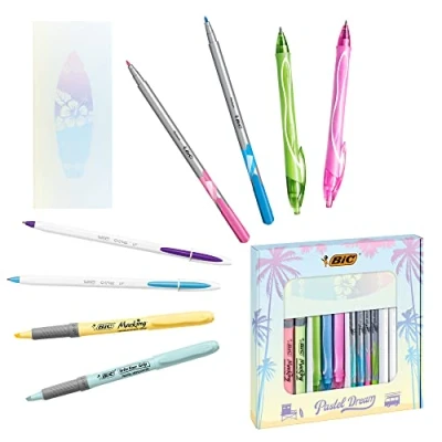 Abbildung von BIC Schreibwaren Set: 4 Kugelschreiber, Fineliner pastell, 3 Tintenroller, 1 Notizblock &amp; Pastell Marker, Pastel Dream