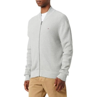Abbildung von Tommy Hilfiger Herren Strickjacke Cardigan mit Reißverschluss Structure Baseball Zip Through ohne Kapuze, Grau (Light Grey Heather), 3XL