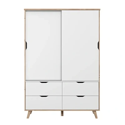 Abbildung von FORTE VANKKA Schrank 140 Kleiderschrank Schiebetüren Skandinavischer Stil 2 türig mit 4 Schubladen Schlaf oder Kinderzimmer Holzdekor: Eiche Weiß 139 cm breit x 201.5 hoch 53 tief
