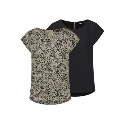 Abbildung von ONLY Damen Top ONLVIC 2er Pack Basic Shirt Rundhals Regular Fit Bluse Kurzarm Oberteil Reißverschluss Muster Sommer Schwarz 36, Größe:36, Farbe:Black (15284243)