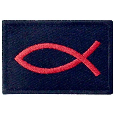 Abbildung von Jesus Fisch Ichthys Bestickter Aufnäher mit Haken und Flauschbänder, Rot schwarz