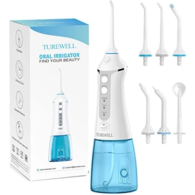 Abbildung von TUREWELL FC1591 Munddusche,Elektrisch zahnzwischenraumreiniger mit 3 Modi und 5 Düsen,IPX7 Wasserdicht 300ML Munddusche Kabellos,Tragbarer Aufladbarer Oraler Irrigator für Familie Reisen