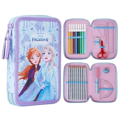Abbildung von Disney Federmäppchen Mädchen Die Eiskönigin Stitch Federtasche Gefüllt Schulmäppchen 2 3 Fächer mit Inhalt Schule Etui Pencil Case (Blau Doppelmappe)