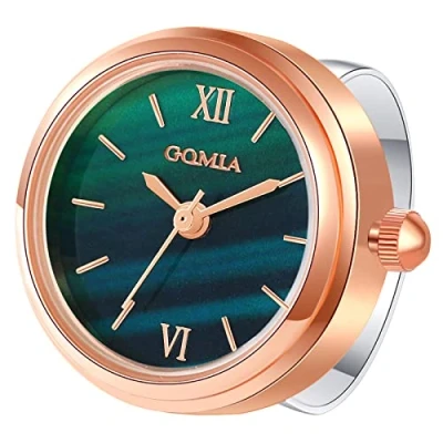 Abbildung von JewelryWe Ringuhr Fingeruhr Damen Analog Quarz Edelstahl Verstellbar Ring Uhr Fingerringuhr Uhrenring mit Grün Römischen Ziffern Rundem Zifferblatt und Rosegold Gehäuse