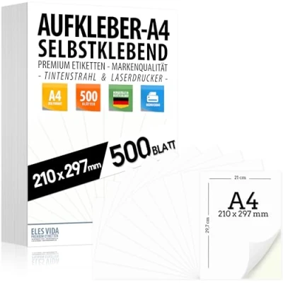 Abbildung von Selbstklebende DIN A4 Etiketten 210x297 mm, universell bedruckbar, matte weiße Oberfläche, kompatibel mit Inkjet und Laserdruckern, ideal für vielseitige Anwendungen (500)