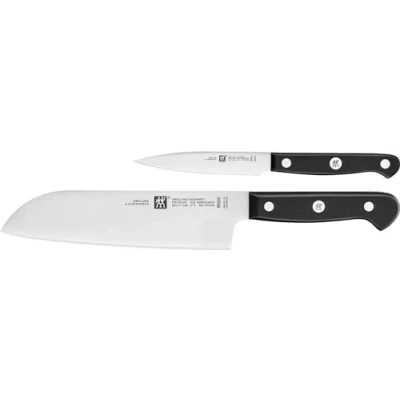 Abbildung von ZWILLING Gourmet Messer Set, 2 teilig (Spick/Garniermesser 10 cm, Santokumesser 18cm), Rostfreier Spezialstahl, Ergonomischer Kunststoff Griff, Schwarz Made in Germany