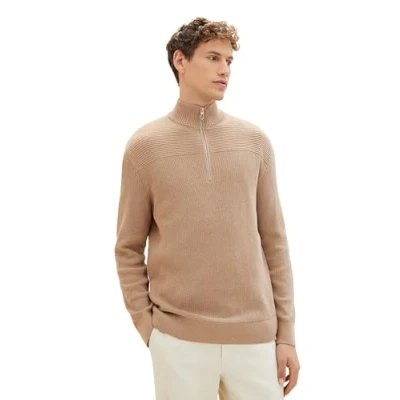 Abbildung von TOM TAILOR Herren 1038315 Strukturierter Strick Pullover mit Troyer Kragen, 31089 hazel Brown Melange, XL