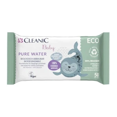 Abbildung von Cleanic Baby Eco Pure Water Feuchttücher für Kinder und Säuglinge 99% ige Zusammensetzung auf Wasserbasis Allantoin Parfümfrei Spülbar Empfindliche Haut 50 Stück