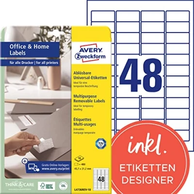 Abbildung von AVERY Zweckform L4736REV 10 Universal Etiketten (480 Klebeetiketten, 45,7x21,2 mm auf A4, wieder rückstandsfrei ablösbar / abziehbar, individuell bedruckbare, selbstklebende Aufkleber) Blatt, weiß