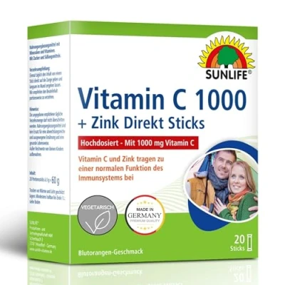 Abbildung von SUNLIFE Vitamin C 1000 + Zink Direkt 1x20 Pulver Sticks Blutorange Geschmack Granulat mit D &amp; Selen Nahrungsergänzungsmittel für Immunsystem pro Stick mg 10