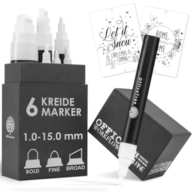 Abbildung von OfficeTree 6x Kreidemarker Weiss 1mm bis 15mm wechselbare Spitzen Kreidestifte für Tafel abwaschbar Weiß Fenster Kreidestift Weiße inkl Vorlagen