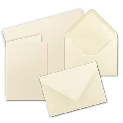 Abbildung von 50x DIN B6 Faltkarten Set mit Umschlägen Vanille (Creme) 115 x 170 mm ideal für Einladungskarten, Hochzeit, Taufe, Kommunion, Konfirmation Marke: FarbenFroh