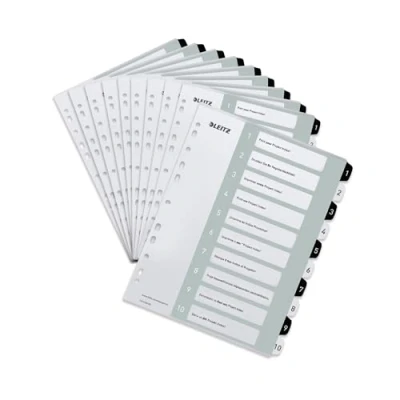Abbildung von Leitz Register für A4, 10er Pack, PC beschriftbares Deckblatt und 10 Trennblätter, Taben mit Zahlenaufdruck 1 10, Überbreite, Weiß/Schwarz, Polypropylen, WOW, 12150000