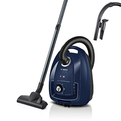 Abbildung von Bosch Hausgeräte Staubsauger mit Beutel Serie 4 BGD38BU2, nachhaltig, Hygiene Filter, 10 Jahre Motor, Zubehör Clip, Polsterdüse, Fugendüse, hohe Saugkraft, Made in Germany, 600 W, blau
