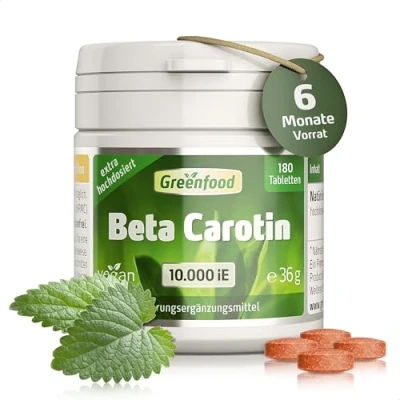 Abbildung von Beta Carotin, 10.000 i.E., 180 Tabletten, hochdosiert Vorstufe von Vitamin A (Augen, Haut). Vegan.