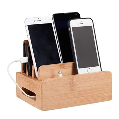 Abbildung von Relaxdays Bambus Ladestation, Schreibtisch Handyhalter f. 6 Geräte, Holz Kabelbox Ordnung, HBT 9 x 17 13 cm, natur