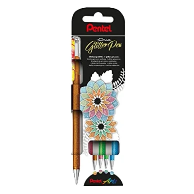 Abbildung von Pentel K110 4DM Dual Metallic Hybrid Gelroller, verschiedene farb Effekte auf Hellem/Dunklem Papier sortiert