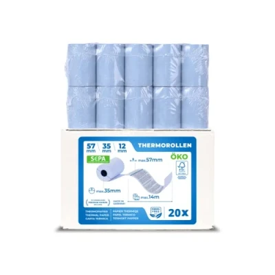 Abbildung von ÖKO Thermorollen für EC Gerät oder Mobildrucker 57mm x 36mm 12mm mit SEPA Lastschrift Kassenrollen Thermopapier Phenolfreie Bonrollen (57 36 12) 20 Stück