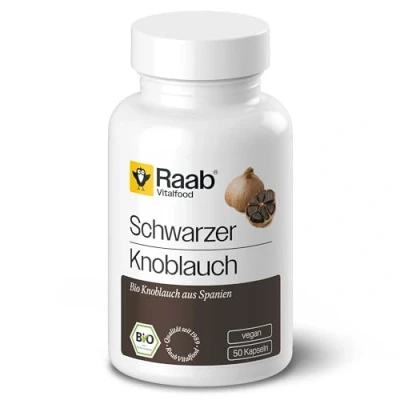 Abbildung von Raab Vitalfood® Bio Schwarzer Knoblauch Kapseln (50 Stück) mit S Allylcystein (SAC) aus Schwarzem Pulver Spanien, Bio, ohne Zusatzstoffe, Geschmacks und Geruchsneutral