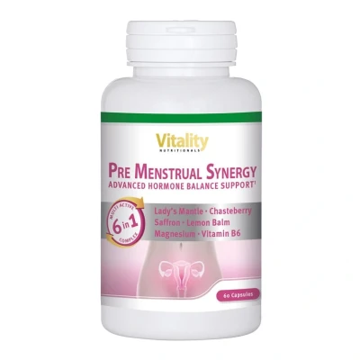 Abbildung von Pre Menstrual Synergy unterstützt bei typischen Regelbeschwerden. Innovative 6 in 1 Formel zur Unterstützung des weiblichen Hormonhaushalts