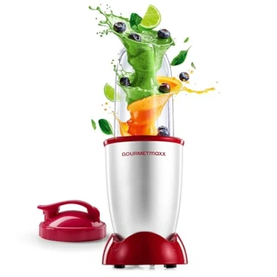 Abbildung von GOURMETmaxx Mixer Mr. Magic 4 tlg. Smoothie Maker mit 400W Powerbase inkl. Kreuzklingenaufsatz, 500ml Becher &amp; To Go Deckel Kompakter Standmixer für Shakes mehr