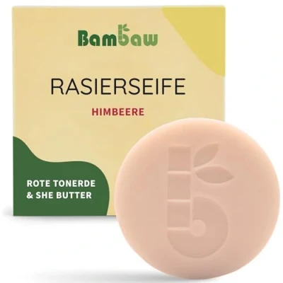 Abbildung von Bambaw Rasierseife Damen 80g, Sheabutter &amp; Rote Tonerde Rasierer Seife, Frauen, Naturseife ohne Palmöl, Vegane Seife für alle Hauttypen, Himbeere Rasierseifen 80g