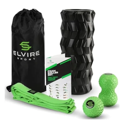Abbildung von ELVIRE Physio Edition Foam Roller Deep Tissue Massagegerät Set Beinhaltet: strukturierte Schaumstoffrolle, weiche innere ovale Massagerolle, Stretchbänder Lindert Schmerzen: