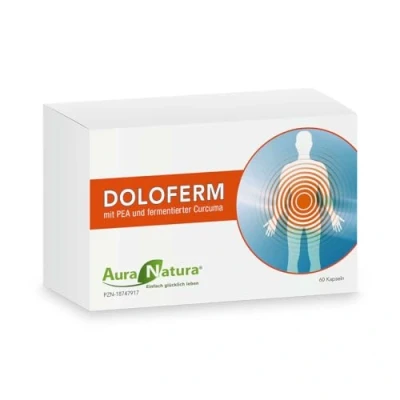 Abbildung von Aura Natura Fermentura Doloferm mit PEA (400 mg pro Tagesdosis), PQQ, MSM, Hagebutten Extrakt und fermentierter Curcuma 60 Kapseln