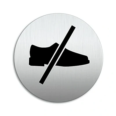 Abbildung von Schild Schuhe ausziehen Ø 100 mm Türschild aus Aluminium vertikal gebürstet Edelstahloptik selbstklebend 53217 K