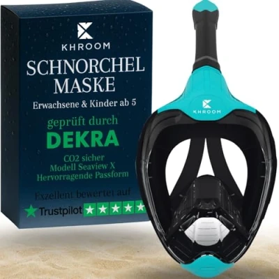 Abbildung von Khroom Schnorchelmaske für Erwachsene &amp; Kinder von DEKRA geprüfte CO2 Sicherheit Vollmaske Seaview X Tauchmaske Schnorchelausrüstung / Schnorchelset Alternative (L/XL, Türkis)
