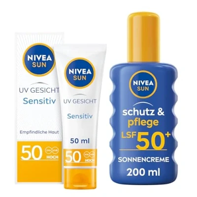 Abbildung von NIVEA SUN Set mit UV Gesicht Sensitiv Sonnenschutz LSF 50 und Schutz &amp; Pflege Sonnencreme Spray 50+, parfümfreie Gesichtscreme LSF, sofort wirksame wasserfeste