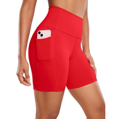Abbildung von CRZ Yoga Naked Feeling Damen Kurze Leggings High Waist Radlerhose Fitness Sporthose mit Taschen 15cm Tiefrot 38