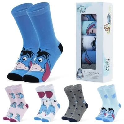 Abbildung von Disney Damen Socken, bunte warme Strümpfe mit Motiv, Geschenke für Frauen, Teenies, 5er Pack (Blau Eeyore)