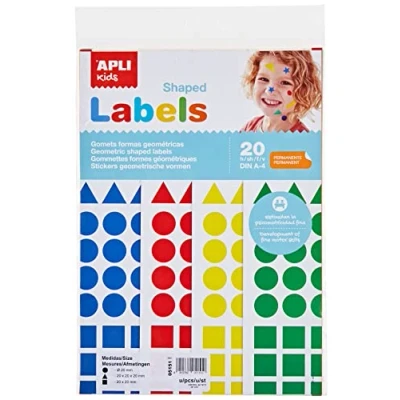 Abbildung von Apli KIDS 5151 Packung mit 1920 Aufklebern in verschiedenen Formen und Farben, 20 Blatt gelb/blau/rot/grün Dreiecke (20 x mm), rund quadratisch mm)