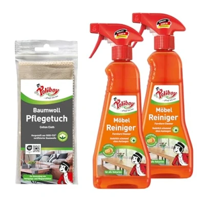 Abbildung von POLIBOY Möbel Reiniger schonender Holzreiniger zur Möbelpflege mit Orangenduft 2x 375ml Baumwolltuch Made in Germany