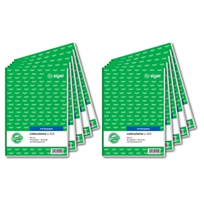 Abbildung von SIGEL LI525/10 Lieferscheine mit Empfangsschein, A5, 2x50 Blatt, 10er Pack, Blaupapier, ultrafeiner Mikroperforation