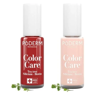 Abbildung von PODERM TEEBAUM NAGELLACK COLOR CARE verbessert das Aussehen für die gelbe oder brüchige Nägel 2 in 1 PFLEGE Hergestellt der Schweiz