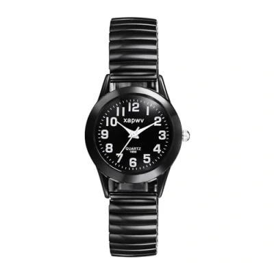 Abbildung von JewelryWe Uhren Damen Elastisch Edelstahl: Analog Quarz Armbanduhr Schwarz Stretch Armband Damenuhr Runde Zifferblatt mit großen weißen Arabischen Zahlen Frauen Geschäfts Lässige Uhr