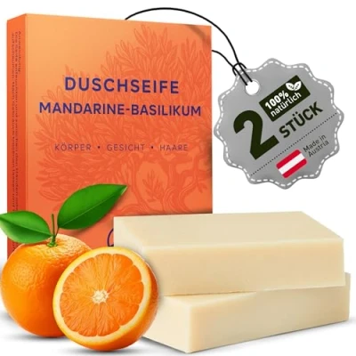 Abbildung von larum sports feste Duschseife Frauen Mandarine Basilikum, festes Duschgel, Seife für Haare, Körper, Gesicht, Shampoo Frauen, Naturseife Damen, Naturkosmetik, 2x Stück à 85g
