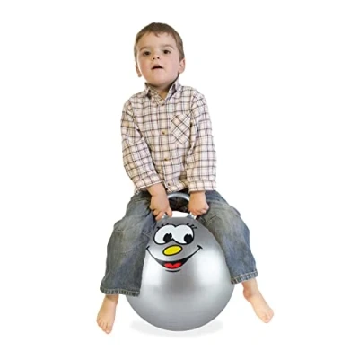 Abbildung von Relaxdays Hüpfball für Kinder, mit Gesicht, Hopseball Griff, Ø 45 cm, drinnen &amp; draußen, Sprungball bis 150 kg, grau